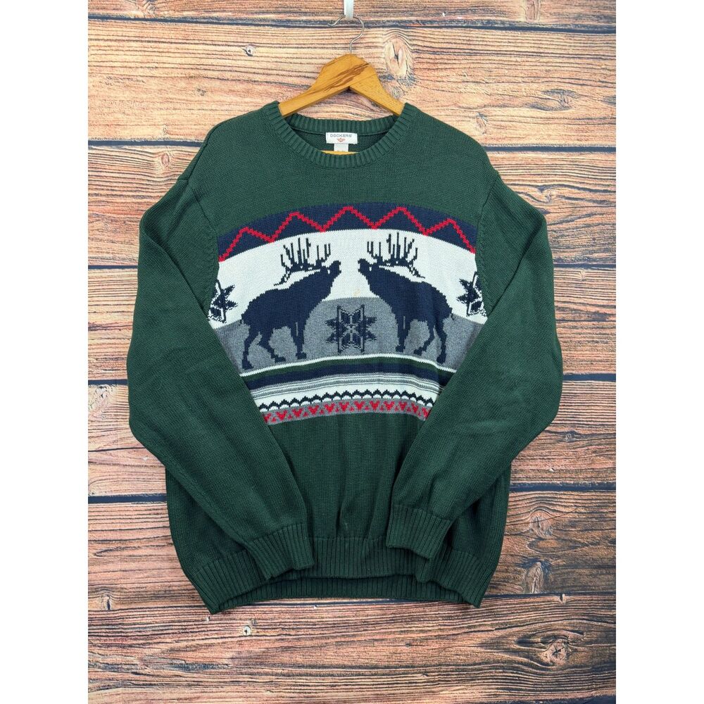 Dockers Men's XL Green Moose Fair Isle Cotton Knit Christmas Sweater 4635